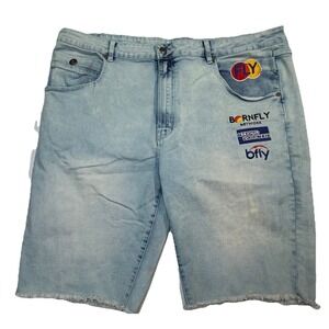 Born Fly Denim Shorts Mens 40 Light Wash Graphic Embroidered Streetwear